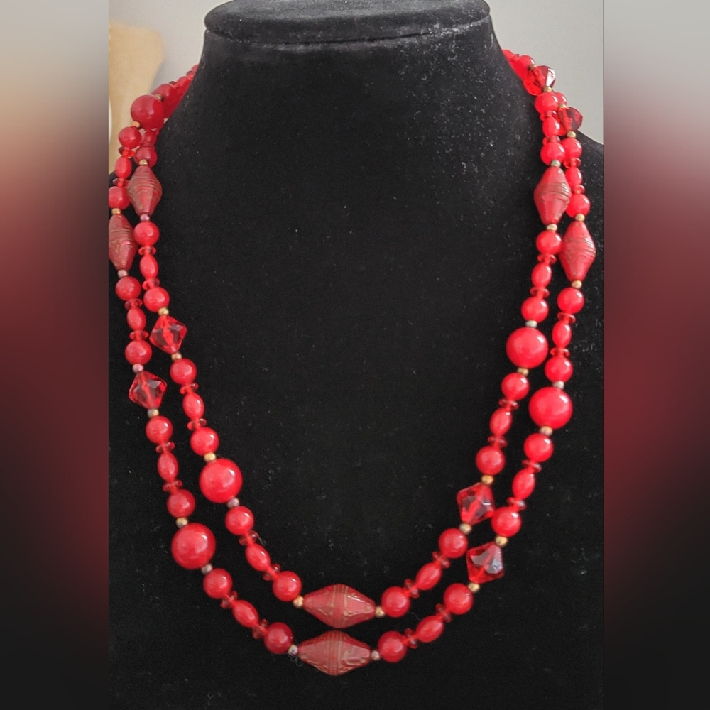 Vintage 60's Red Acrylic  Beaded Necklace
